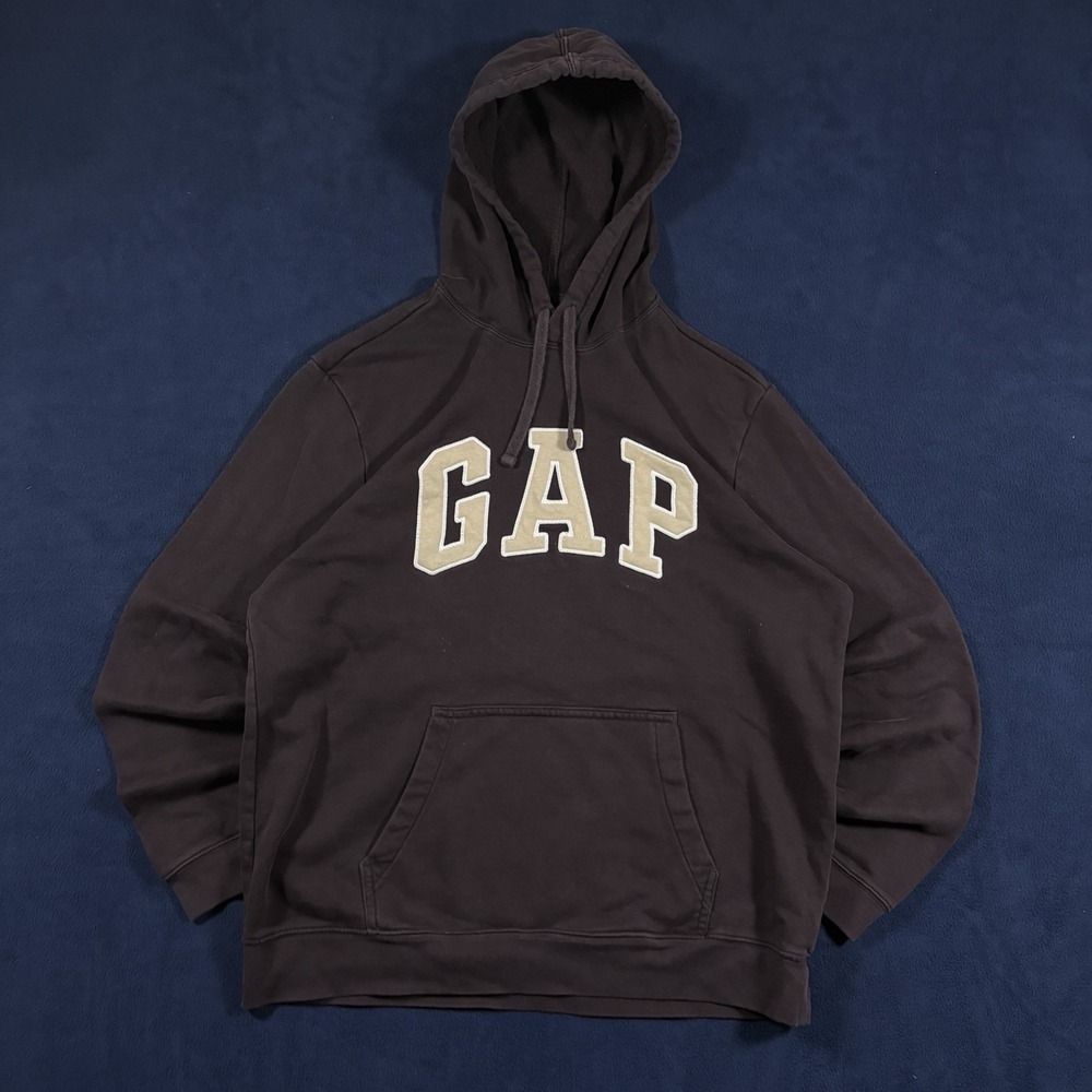 GAP Hoodie Mens L Brown Cream Logo Spellout Pullover Fleece Sweatshirt Casual